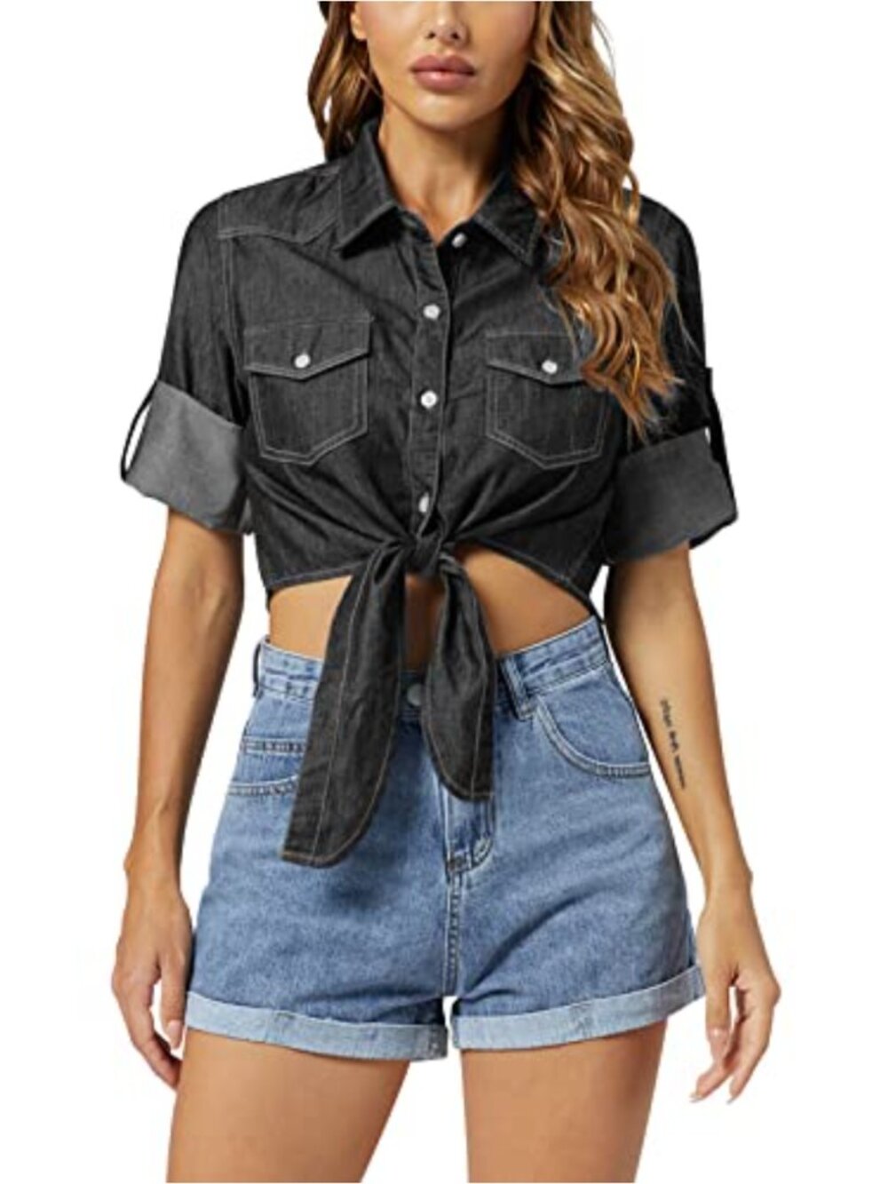 Tie Front Chambray Denim Shirt Crop Top 3/4 Sleeve Button Down Women